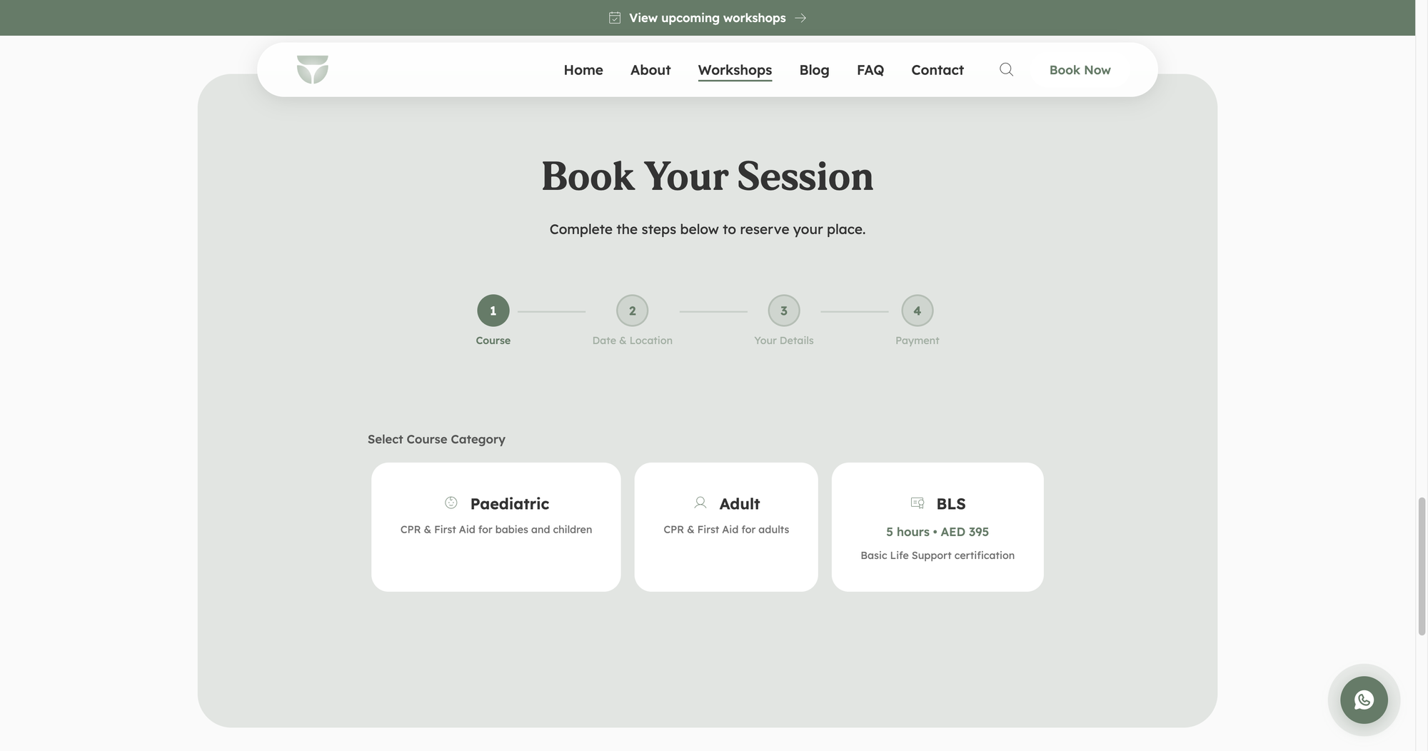 Booking step one: choose a course category, with Paediatric, Adult and BLS cards showing duration and price