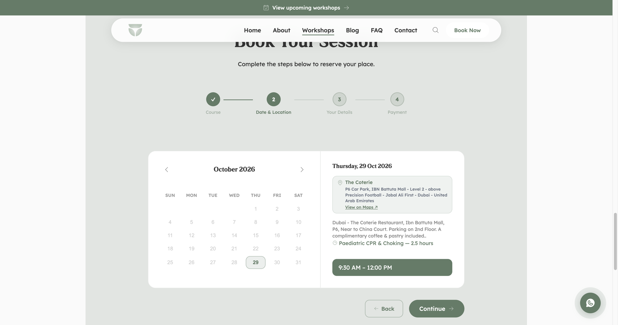 Booking step two: a calendar with one available date, the venue address with a map link, and a time slot