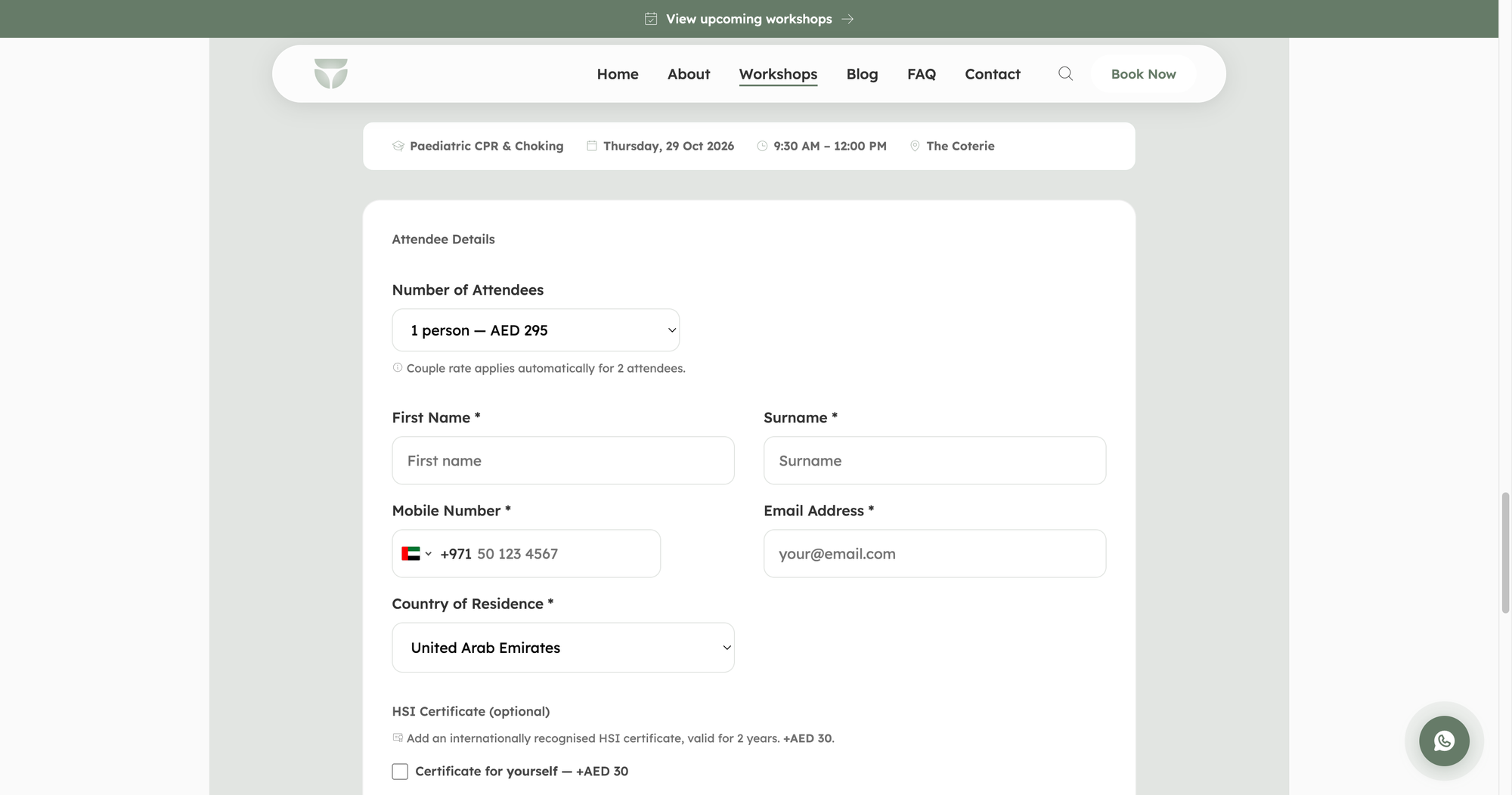 Booking step three: attendee details form with a summary bar, attendee count with automatic couple rate, phone with UAE code, and an optional certificate add-on