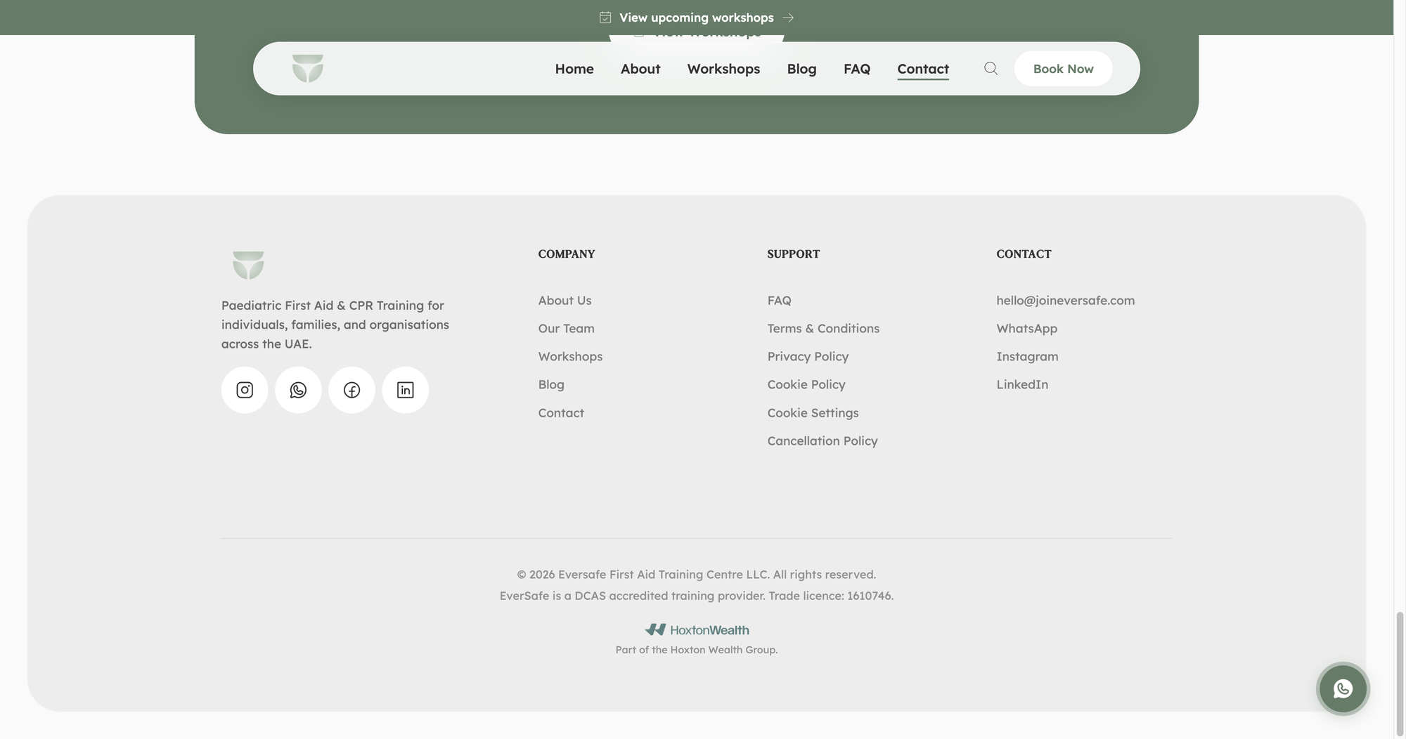 EverSafe footer with company, support and contact columns, social icons, and the DCAS accreditation line