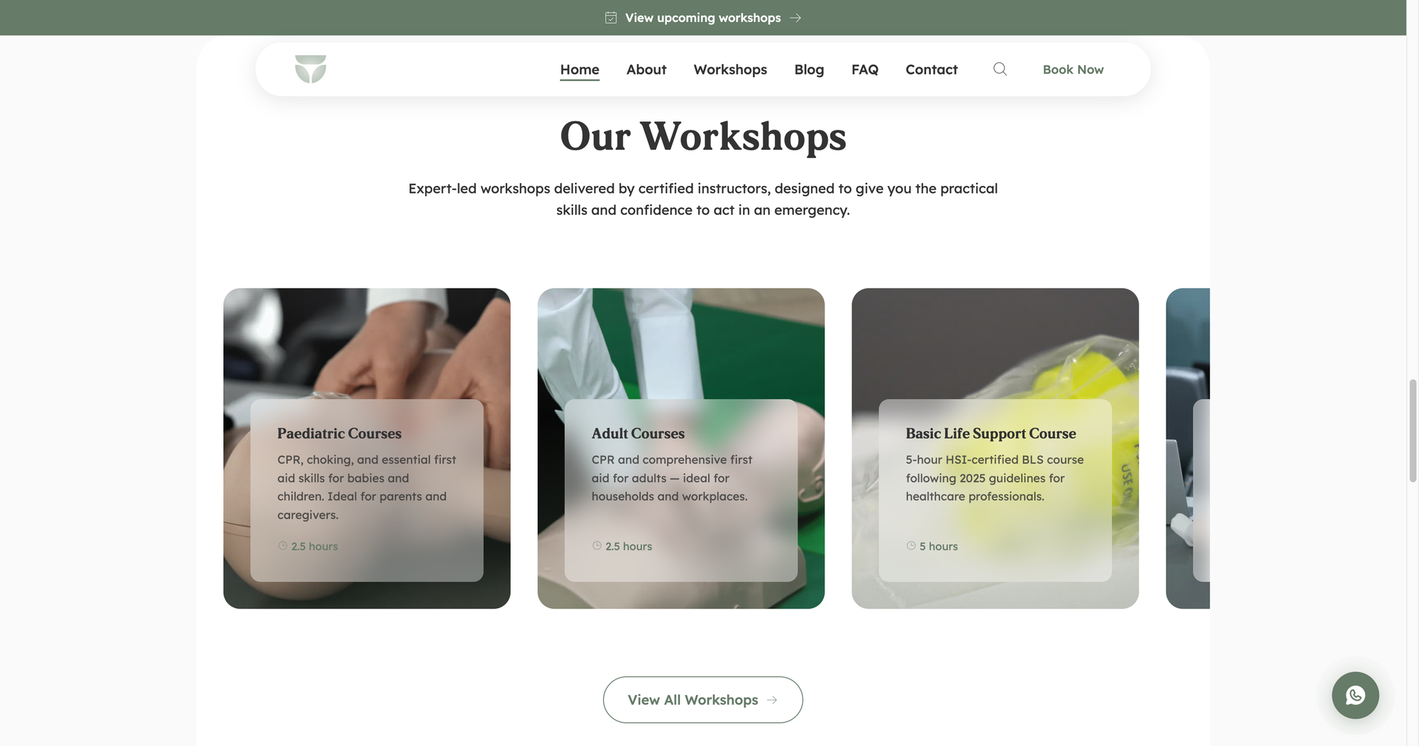 EverSafe workshops section: glass cards for Paediatric, Adult and Basic Life Support courses over training photography, each with its duration