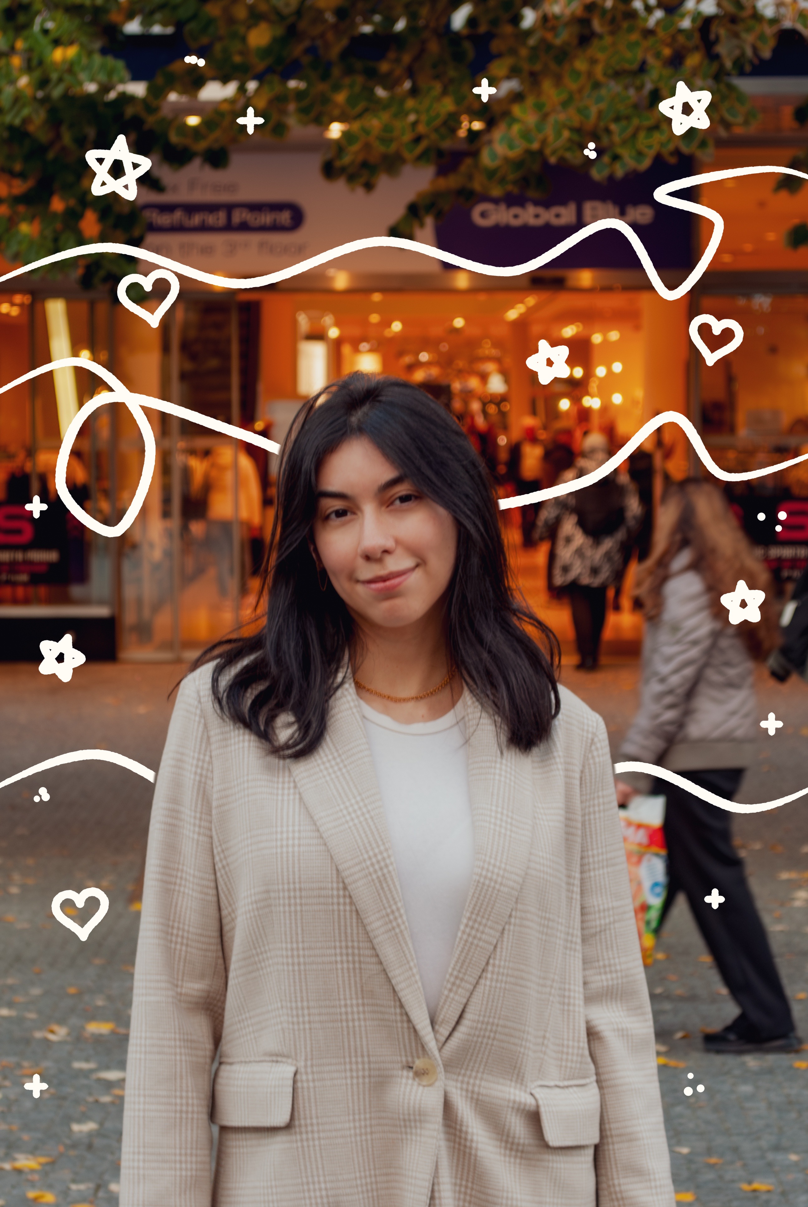 Mayara Sousa, product designer and builder, on a Paris street with hand-drawn doodles overlaid