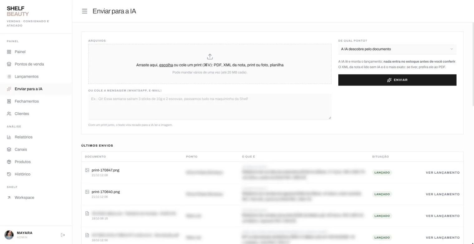 The Send to AI screen of the sales system: drop a PDF, invoice XML, screenshot or photo, or paste a message, and the AI drafts the entry