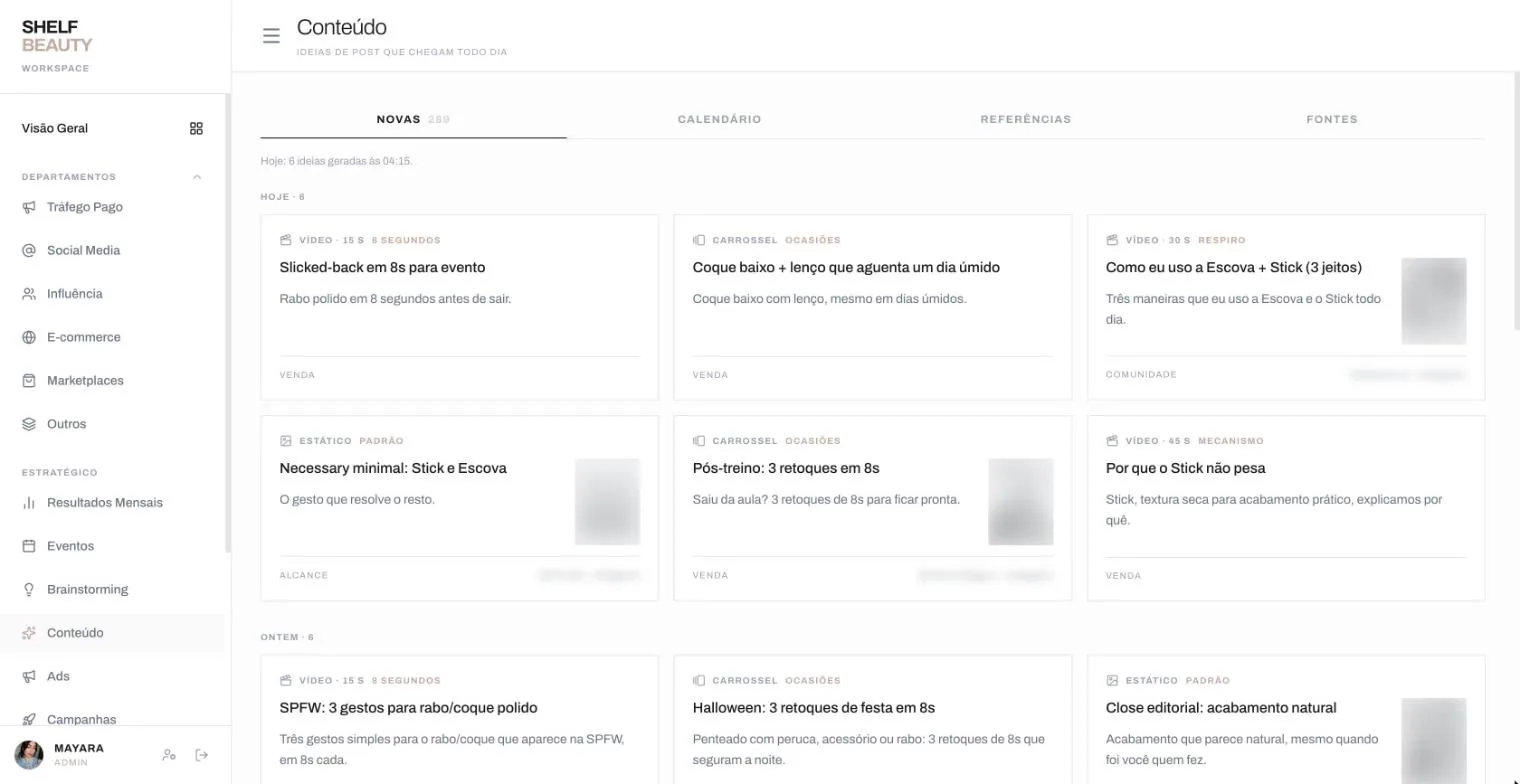 The content area of the workspace: six post ideas generated that morning, each with a format, a length and a goal
