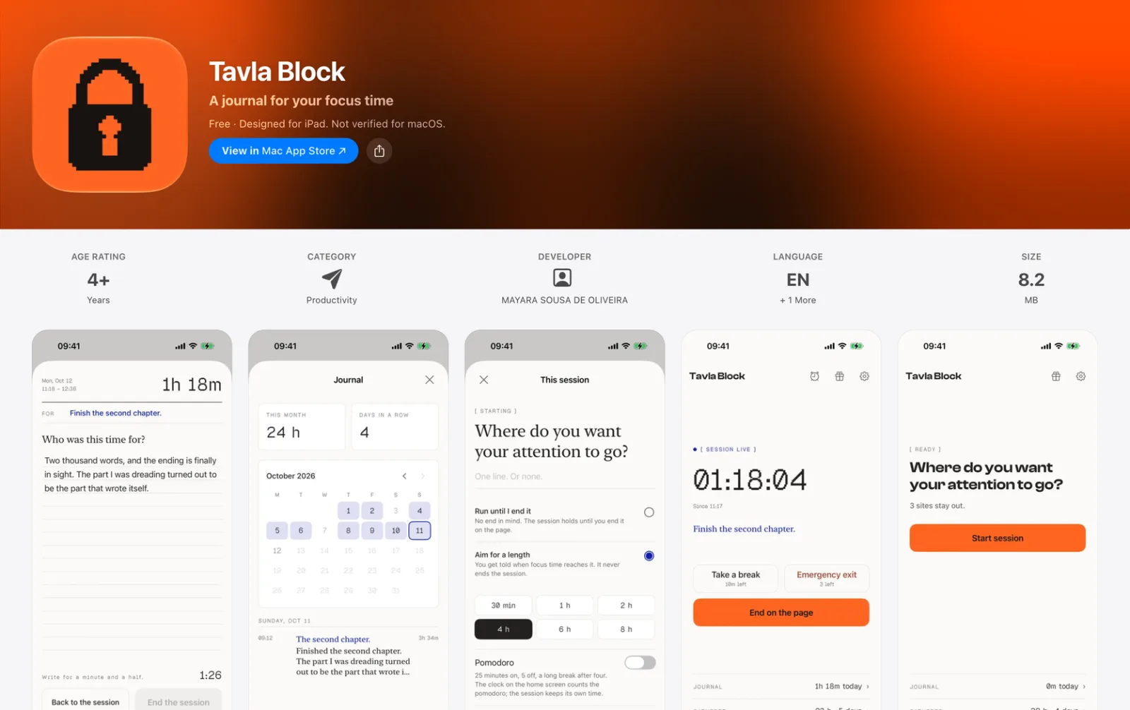 Tavla Block on the App Store for iPhone: the orange padlock icon, A journal for your focus time, free, Productivity, age 4+, 8.2 MB, and five iPhone screenshots