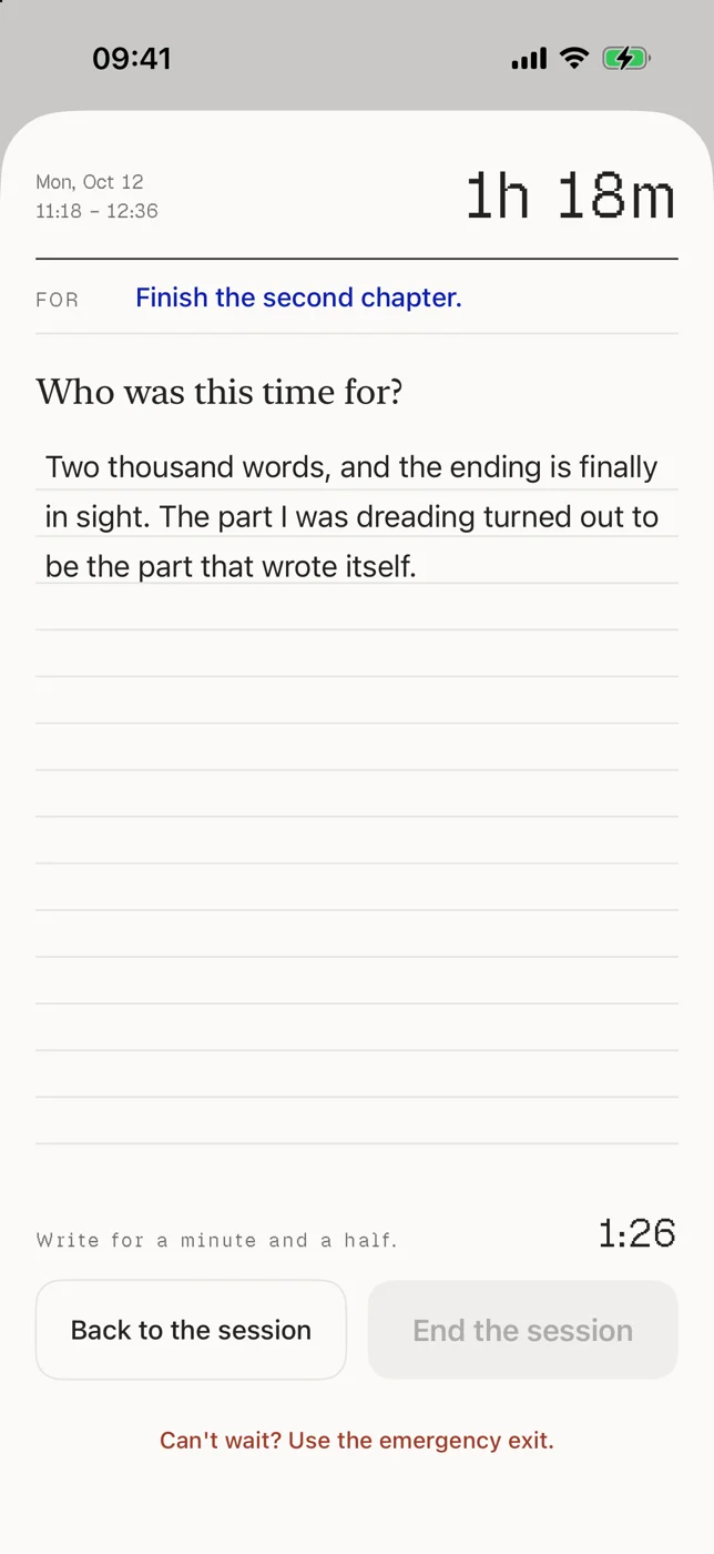 The page at the end of a session: Who was this time for?, a written entry, a countdown at 1:26, and End the session disabled until it reaches zero