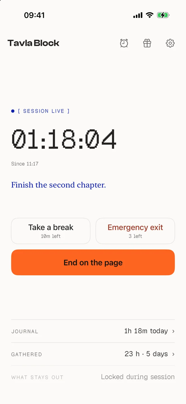 Home screen with a session live at 1 hour 18 minutes, the purpose Finish the second chapter, Take a break and Emergency exit buttons, and an orange End on the page button