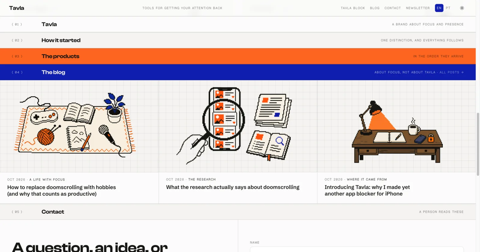 The blog section of tavlahq.com: three posts, each with a pixel illustration of a desk, a phone under a magnifying glass, and a lamp over a notebook