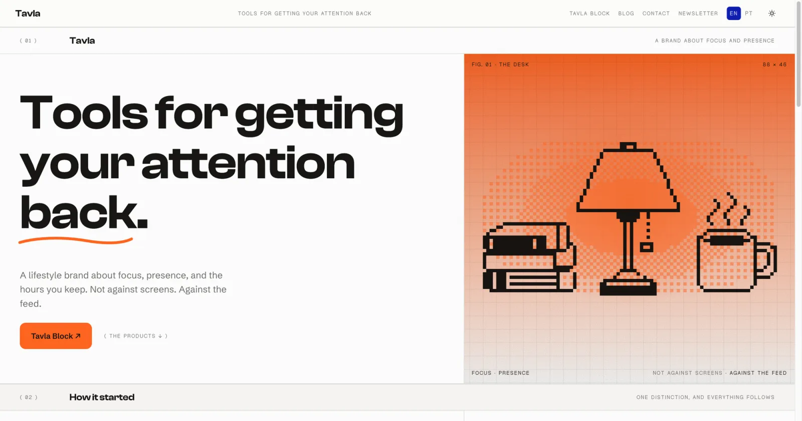 The tavlahq.com home page: Tools for getting your attention back, next to a pixel drawing of a desk lamp, books and a mug