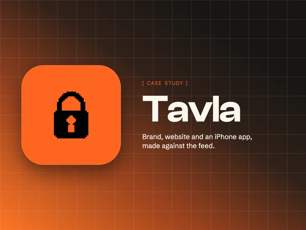 Tavla Block: orange app icon with a pixel padlock, and the line Brand, website and an iPhone app, made against the feed