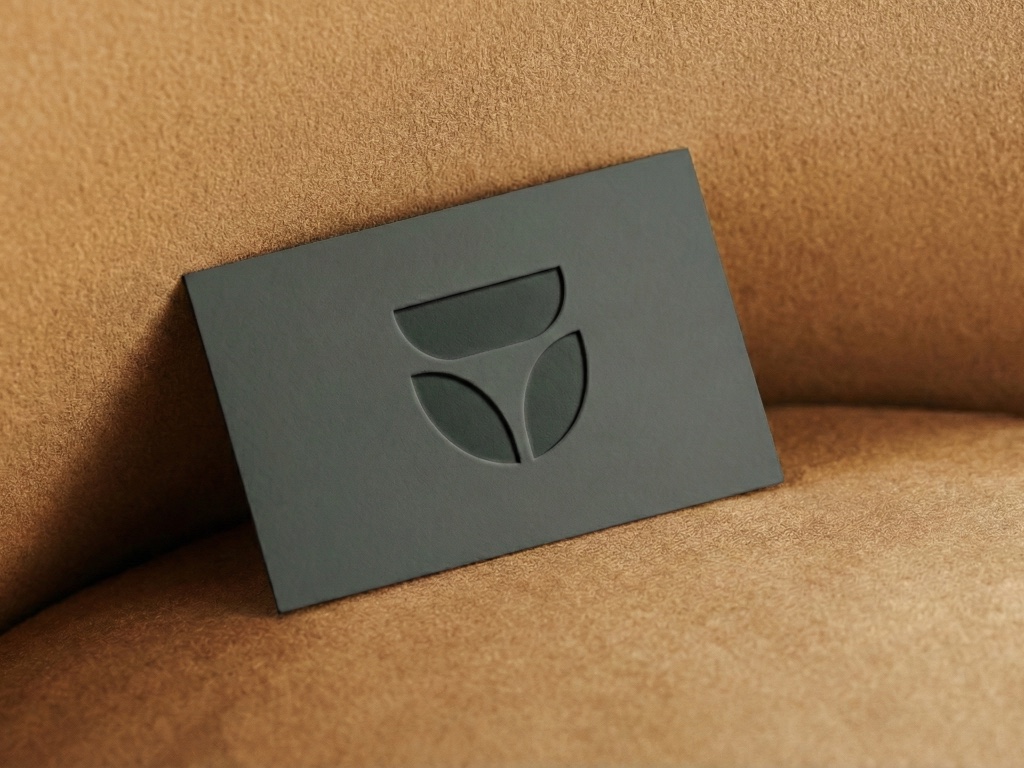 EverSafe business card in dark grey stock, the leaf mark debossed into it, propped against tan suede